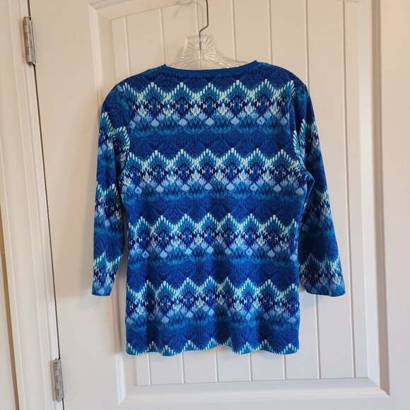 Kim Rogers Petite Blue Patterned 3/4 Sleeve V-Neck Cotton Top PM - Picture 2 of 7